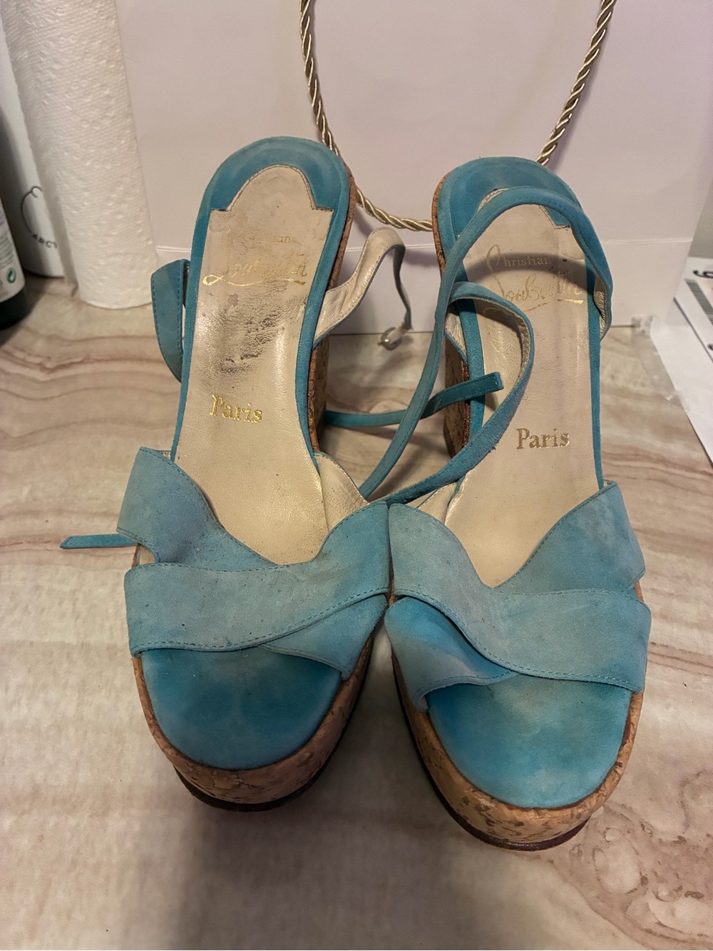 Christian Louboutin Turquoise Suede Cork Wedge Sandals